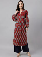 Janasya Women's Maroon Cotton Floral Printed Casual Flared Kurta | Grocsy