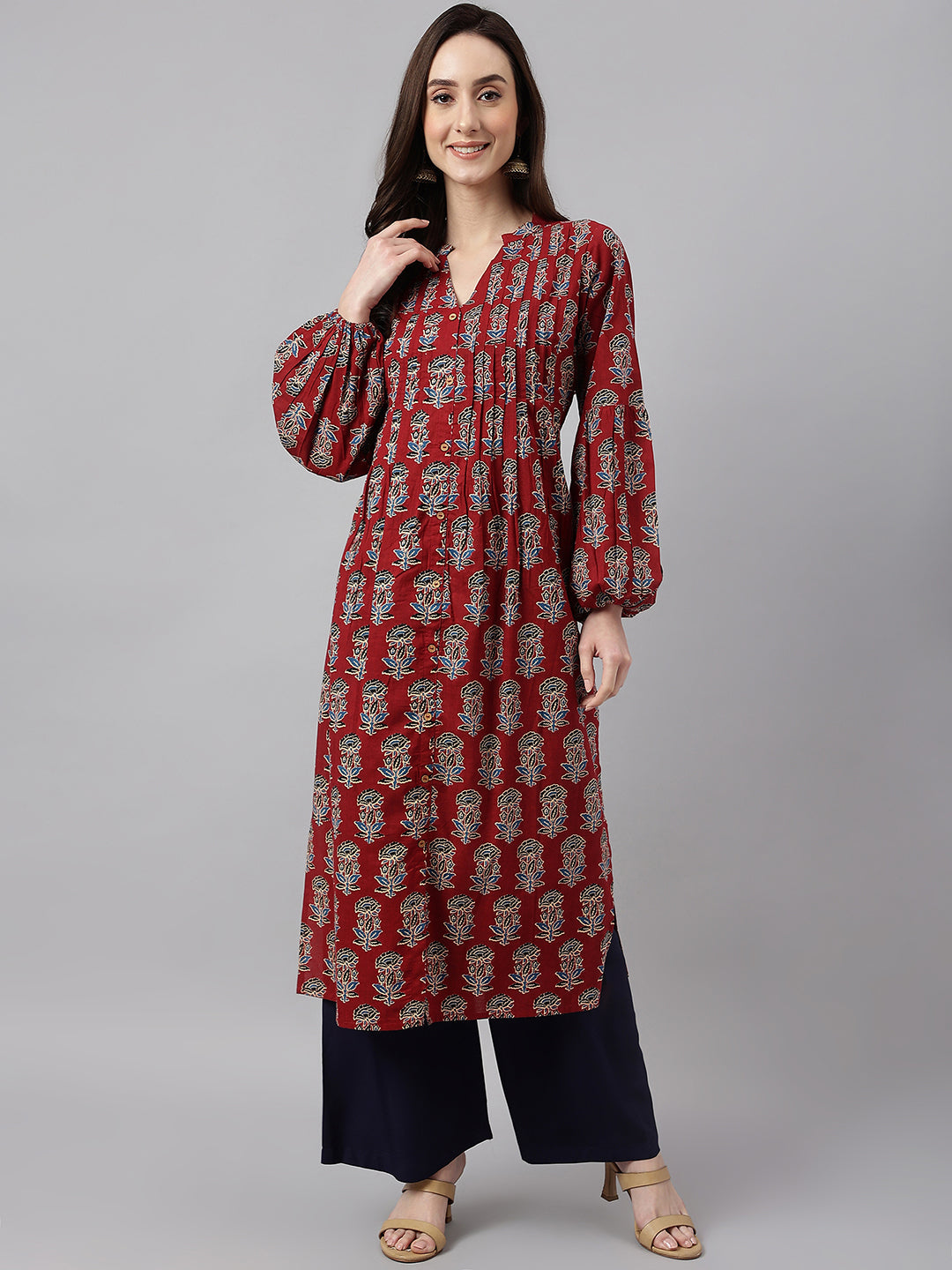 Janasya Women's Maroon Cotton Floral Printed Casual Flared Kurta | Grocsy