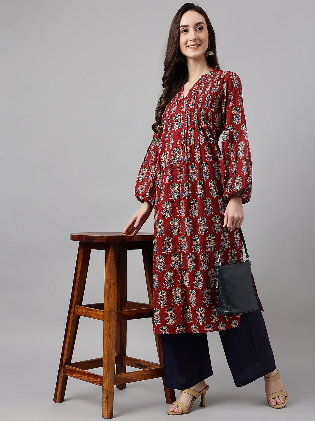 Janasya Women's Maroon Cotton Floral Printed Casual Flared Kurta | Grocsy