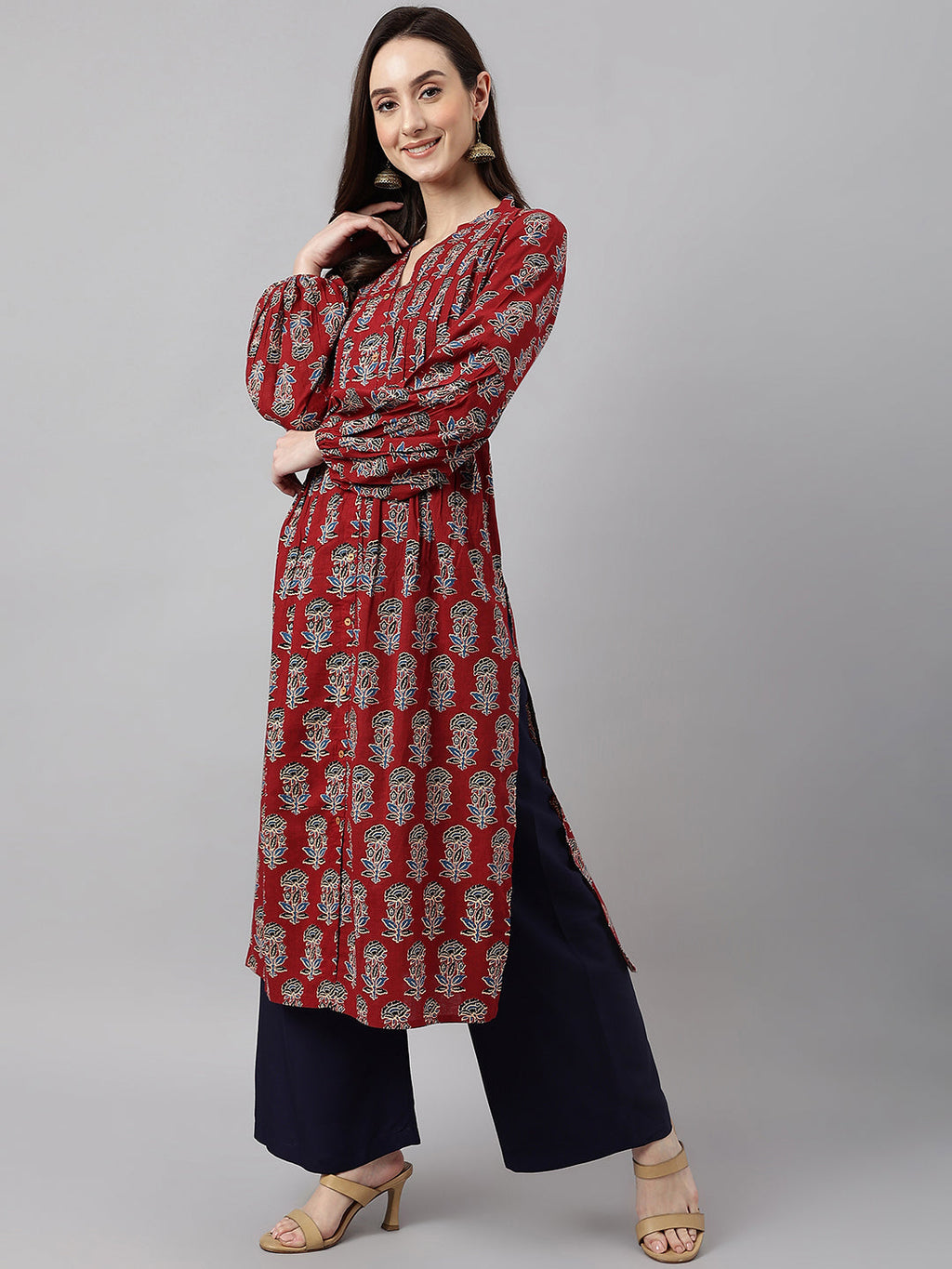 Janasya Women's Maroon Cotton Floral Printed Casual Flared Kurta | Grocsy