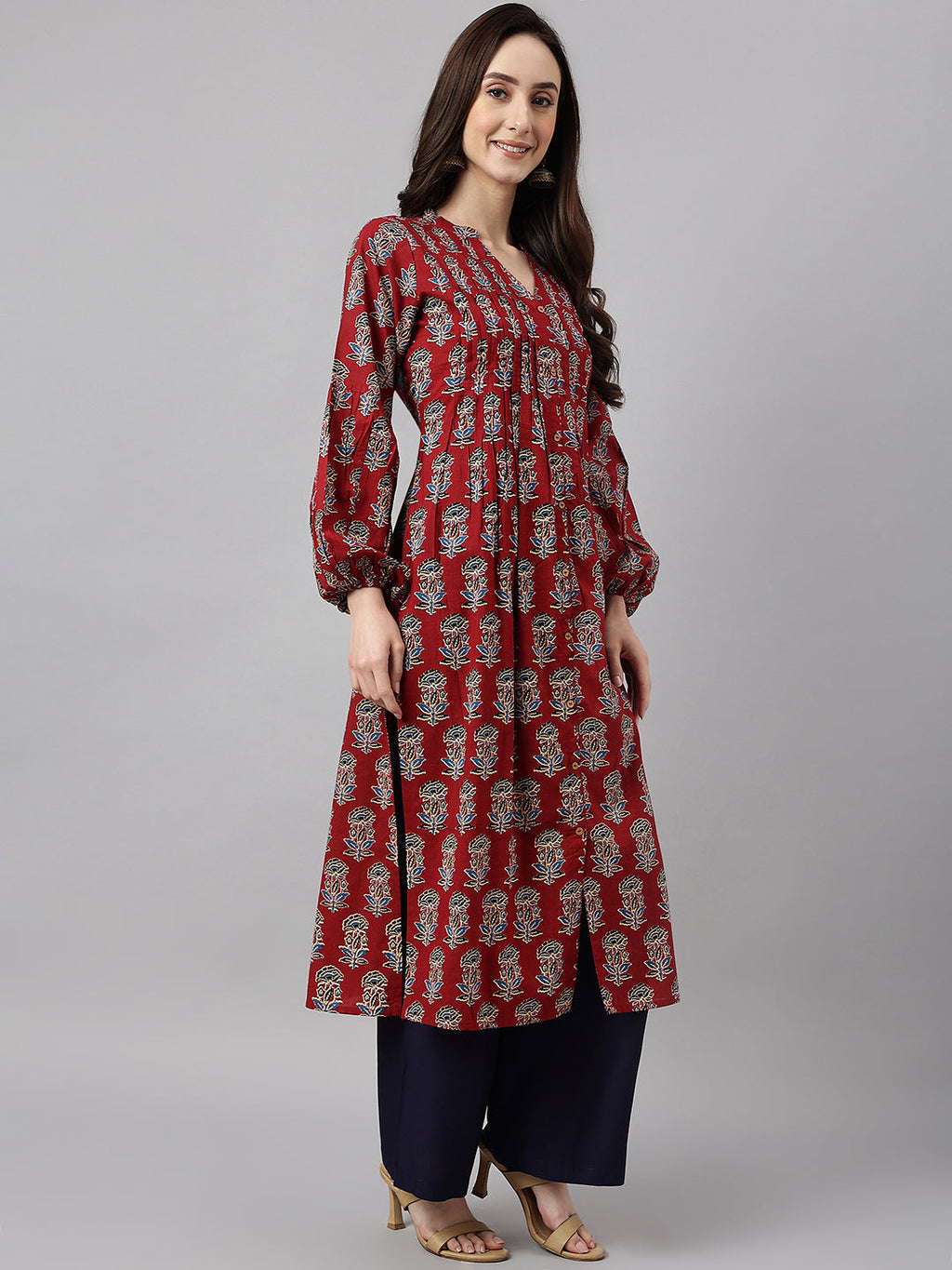 Janasya Women's Maroon Cotton Floral Printed Casual Flared Kurta | Grocsy
