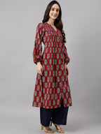 Janasya Women's Maroon Cotton Floral Printed Casual Flared Kurta | Grocsy