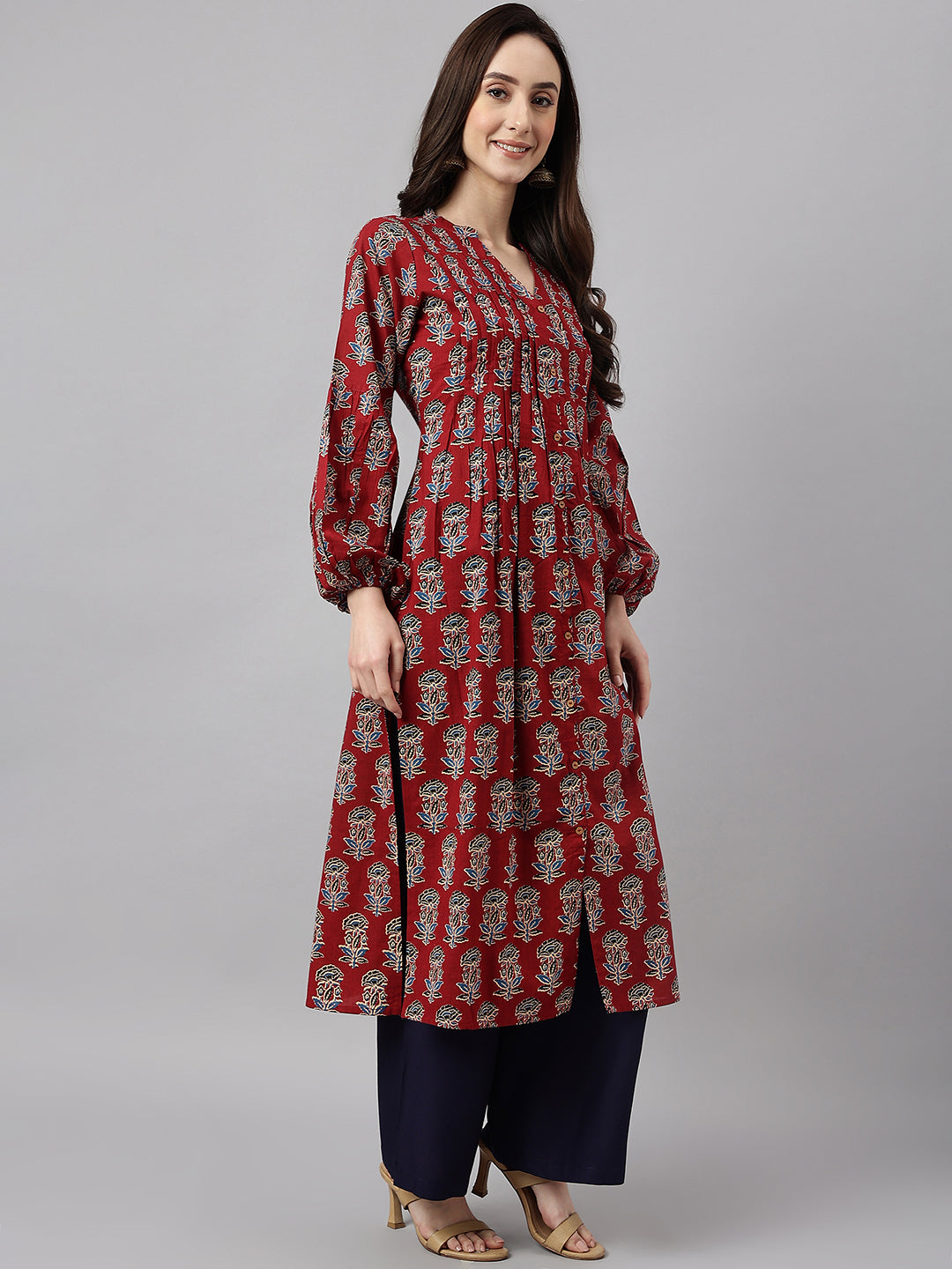 Janasya Women's Maroon Cotton Floral Printed Casual Flared Kurta | Grocsy