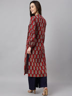 Janasya Women's Maroon Cotton Floral Printed Casual Flared Kurta | Grocsy