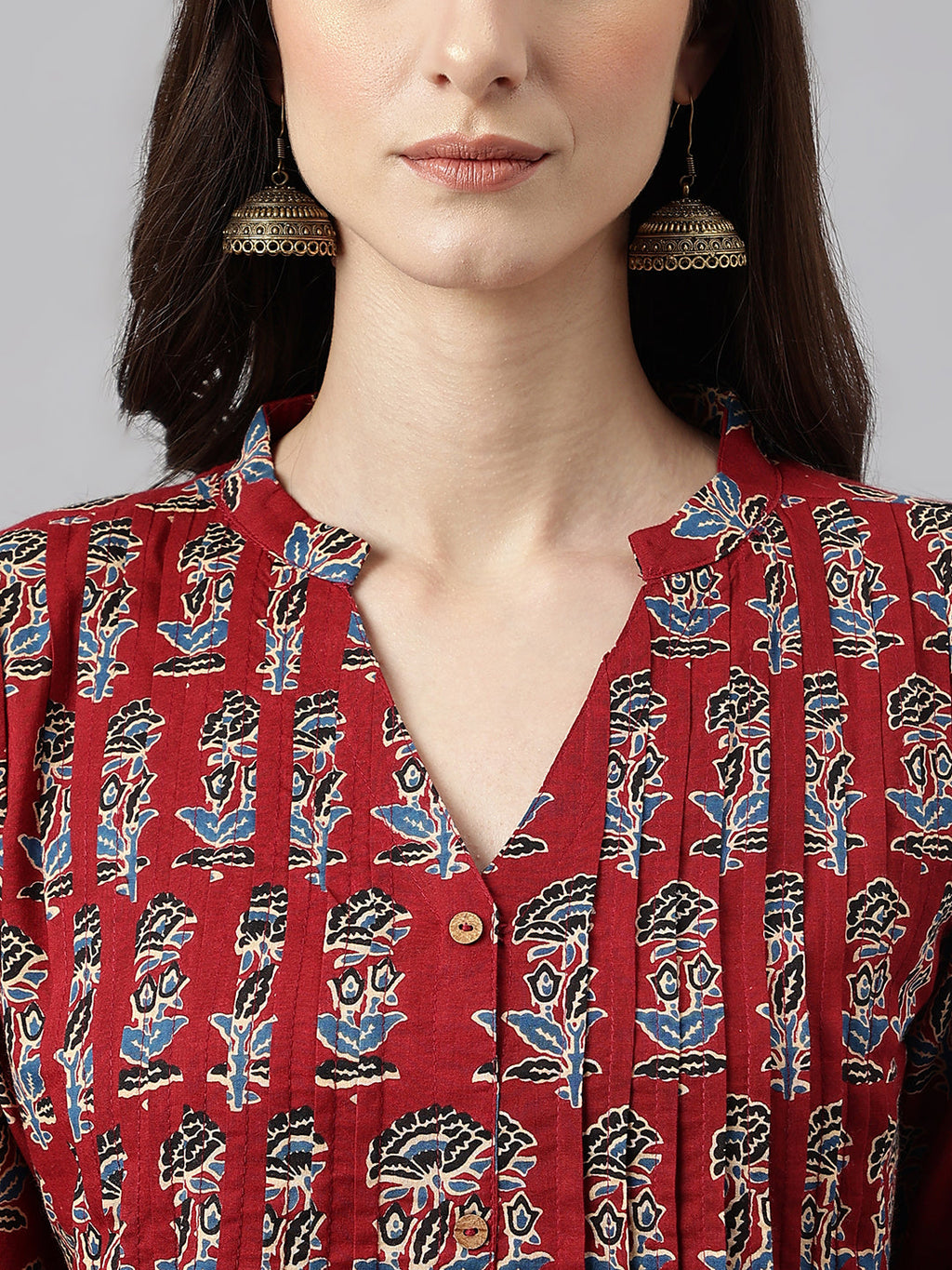 Janasya Women's Maroon Cotton Floral Printed Casual Flared Kurta | Grocsy