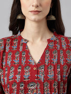 Janasya Women's Maroon Cotton Floral Printed Casual Flared Kurta | Grocsy