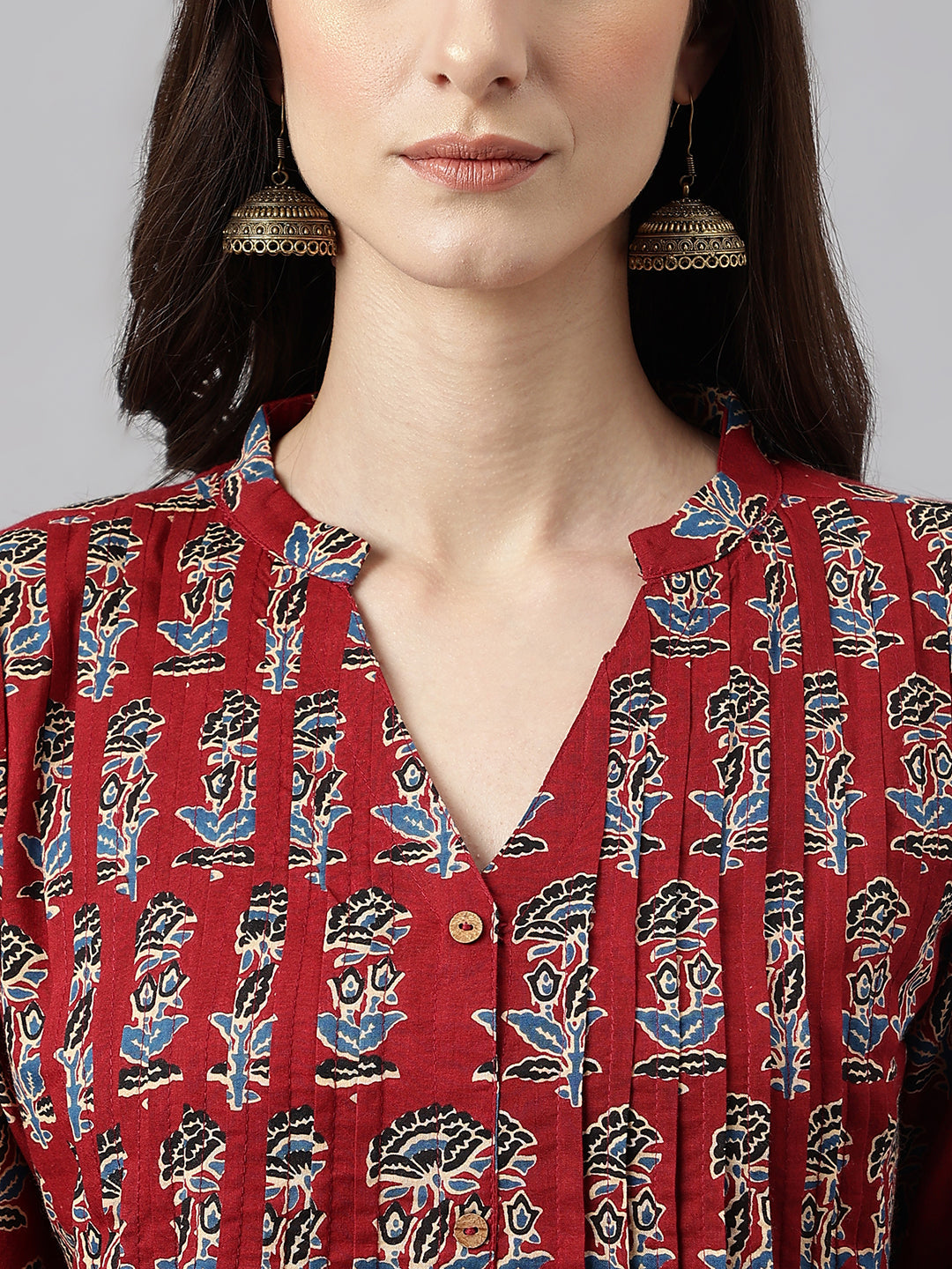 Janasya Women's Maroon Cotton Floral Printed Casual Flared Kurta | Grocsy