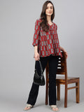 Janasya Women's Maroon Cotton Floral Block Print Flared Top | Grocsy