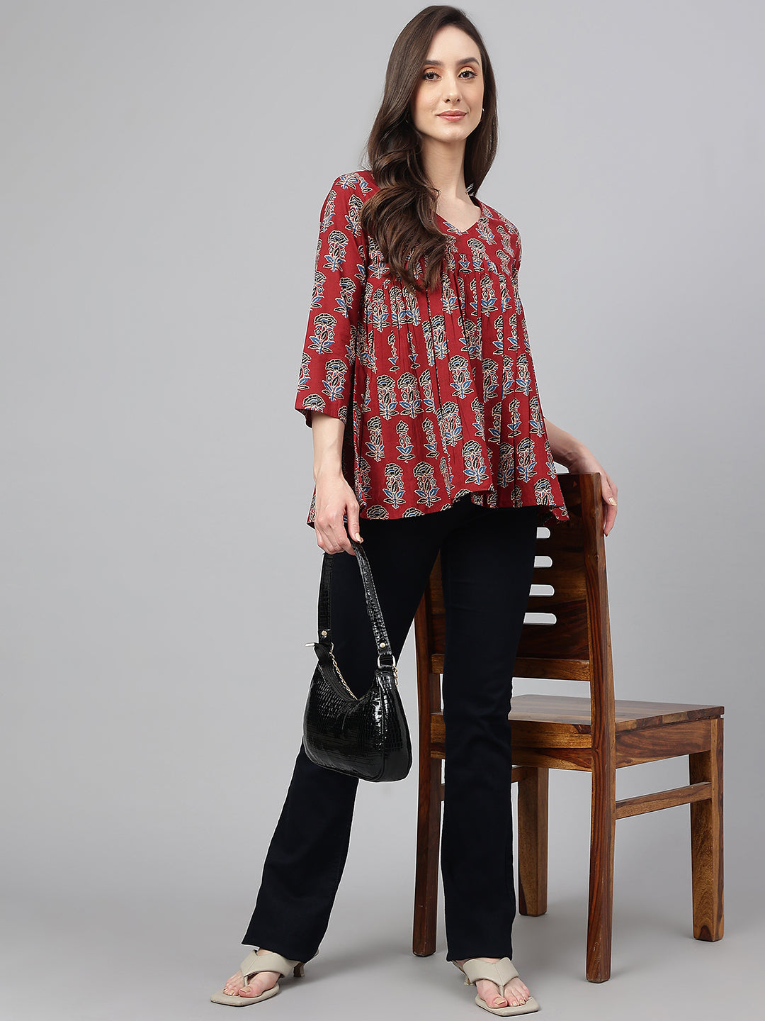 Janasya Women's Maroon Cotton Floral Block Print Flared Top | Grocsy