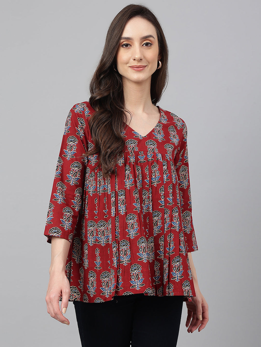 Janasya Women's Maroon Cotton Floral Block Print Flared Top | Grocsy