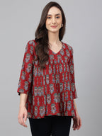 Janasya Women's Maroon Cotton Floral Block Print Flared Top | Grocsy