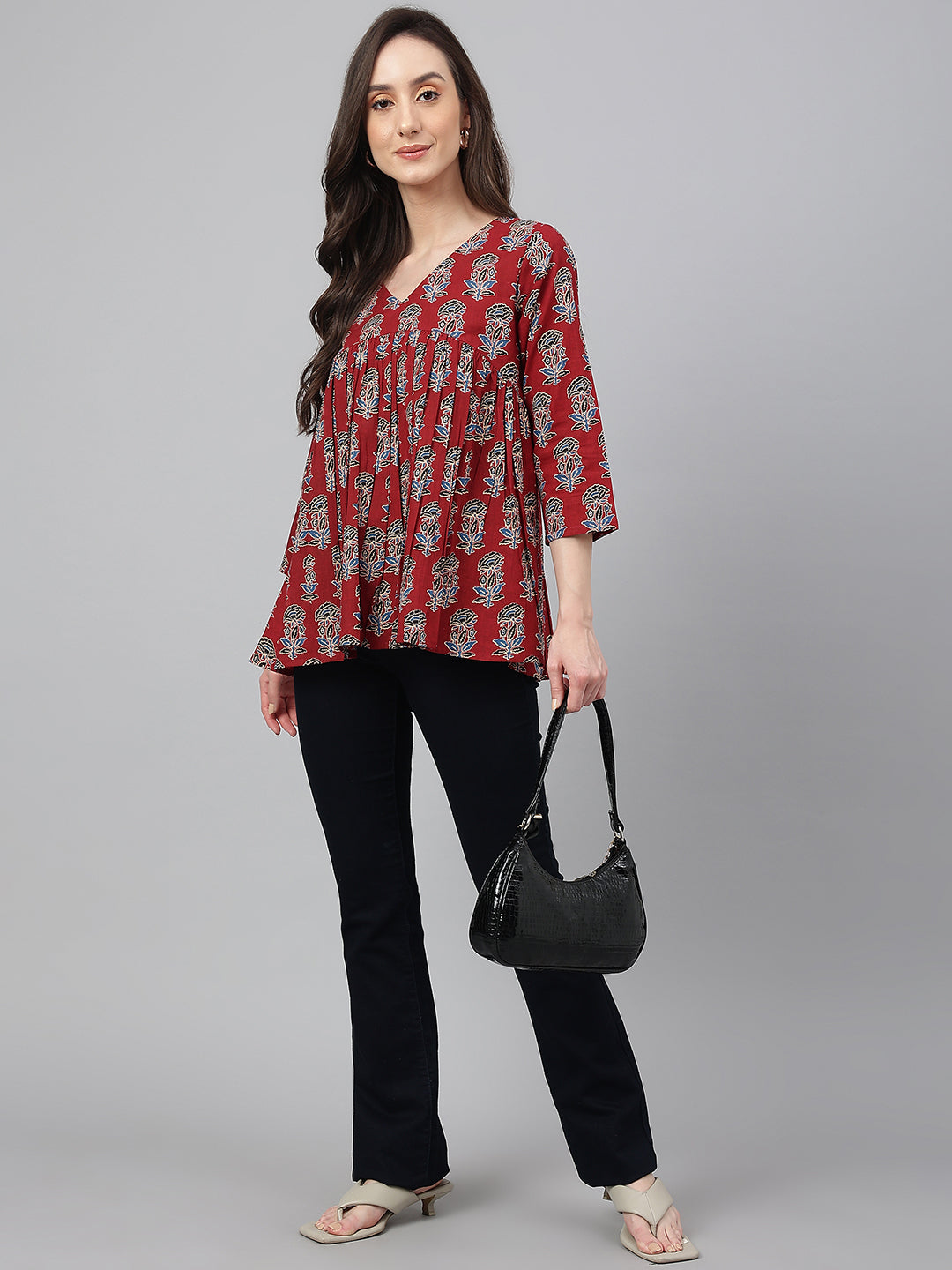 Janasya Women's Maroon Cotton Floral Block Print Flared Top | Grocsy
