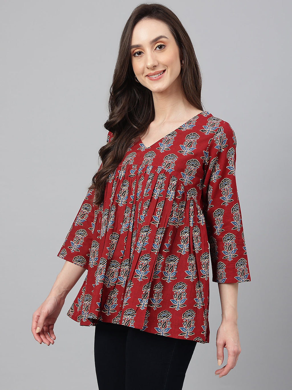 Janasya Women's Maroon Cotton Floral Block Print Flared Top | Grocsy