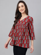 Janasya Women's Maroon Cotton Floral Block Print Flared Top | Grocsy