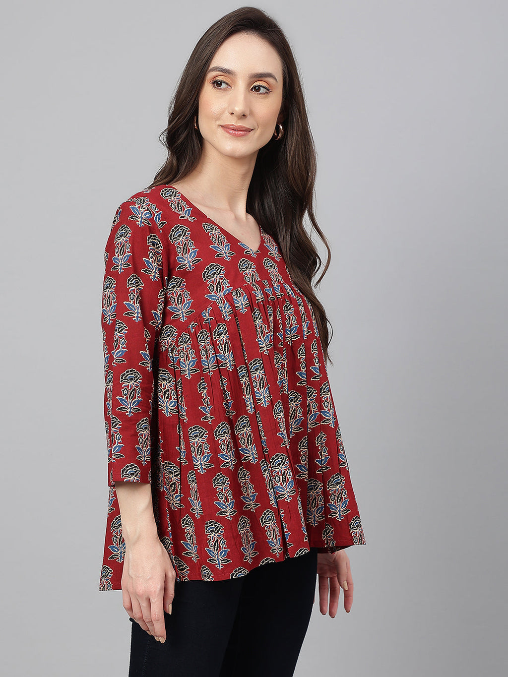 Janasya Women's Maroon Cotton Floral Block Print Flared Top | Grocsy
