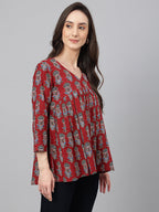 Janasya Women's Maroon Cotton Floral Block Print Flared Top | Grocsy
