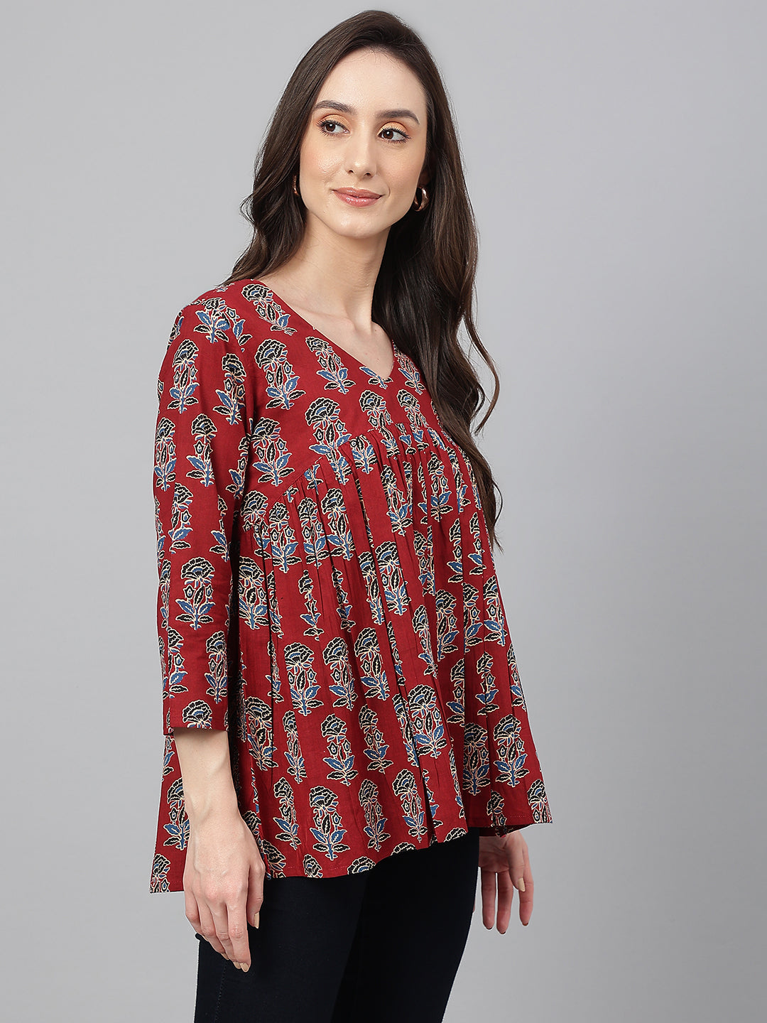 Janasya Women's Maroon Cotton Floral Block Print Flared Top | Grocsy