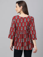 Janasya Women's Maroon Cotton Floral Block Print Flared Top | Grocsy