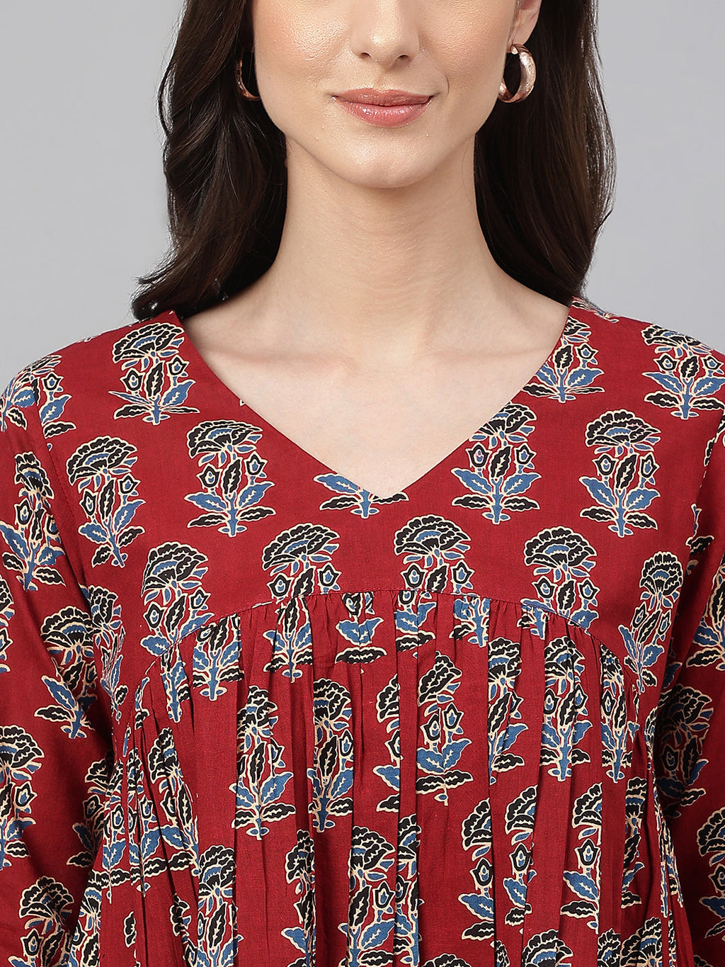 Janasya Women's Maroon Cotton Floral Block Print Flared Top | Grocsy