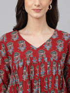 Janasya Women's Maroon Cotton Floral Block Print Flared Top | Grocsy