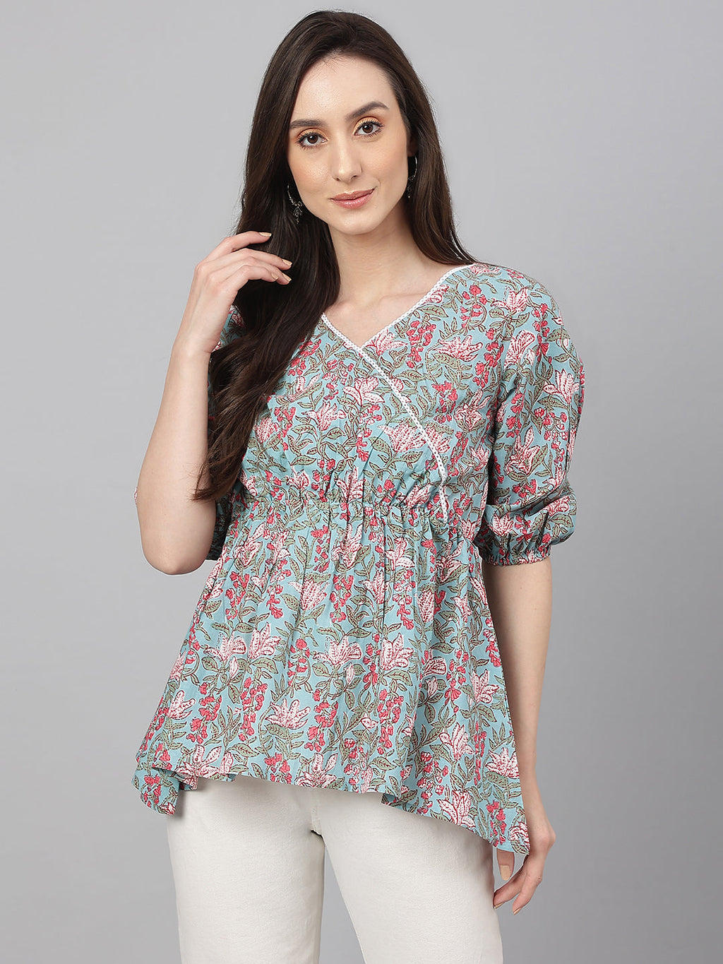 Janasya Women's Aqua Blue Cotton Floral Print Peplum Top | Grocsy