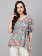 Janasya Women's Aqua Blue Cotton Floral Print Peplum Top | Grocsy