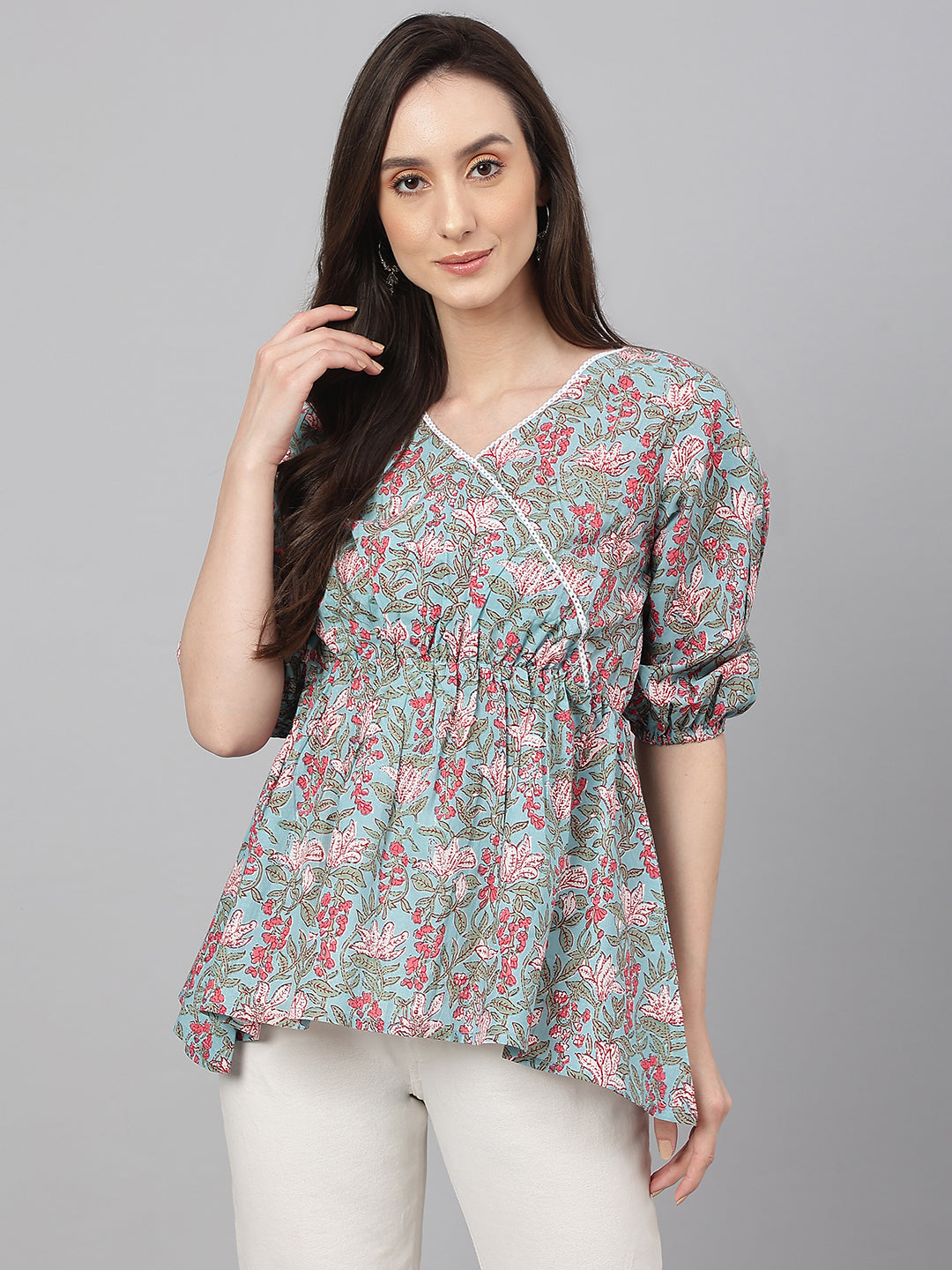 Janasya Women's Aqua Blue Cotton Floral Print Peplum Top | Grocsy