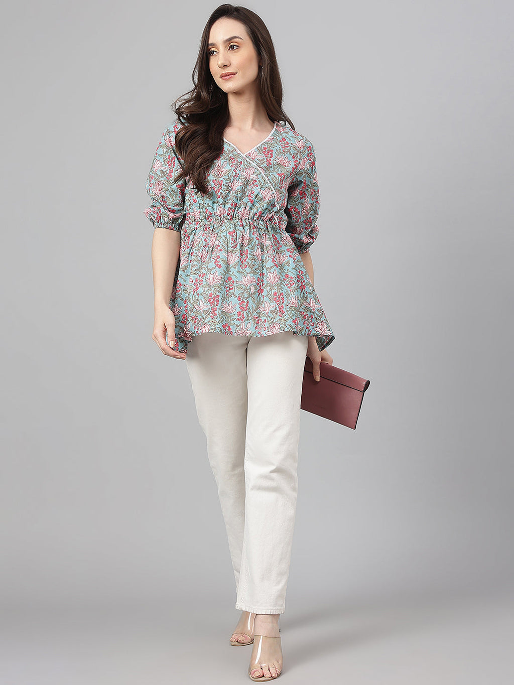 Janasya Women's Aqua Blue Cotton Floral Print Peplum Top | Grocsy
