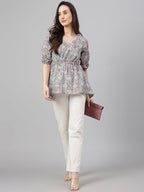 Janasya Women's Aqua Blue Cotton Floral Print Peplum Top | Grocsy