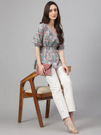 Janasya Women's Aqua Blue Cotton Floral Print Peplum Top | Grocsy