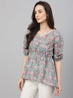 Janasya Women's Aqua Blue Cotton Floral Print Peplum Top | Grocsy