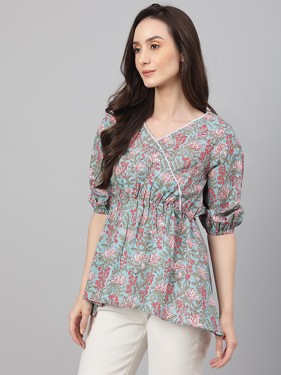 Janasya Women's Aqua Blue Cotton Floral Print Peplum Top | Grocsy
