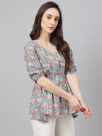 Janasya Women's Aqua Blue Cotton Floral Print Peplum Top | Grocsy