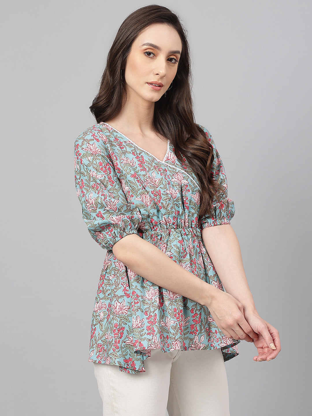 Janasya Women's Aqua Blue Cotton Floral Print Peplum Top | Grocsy