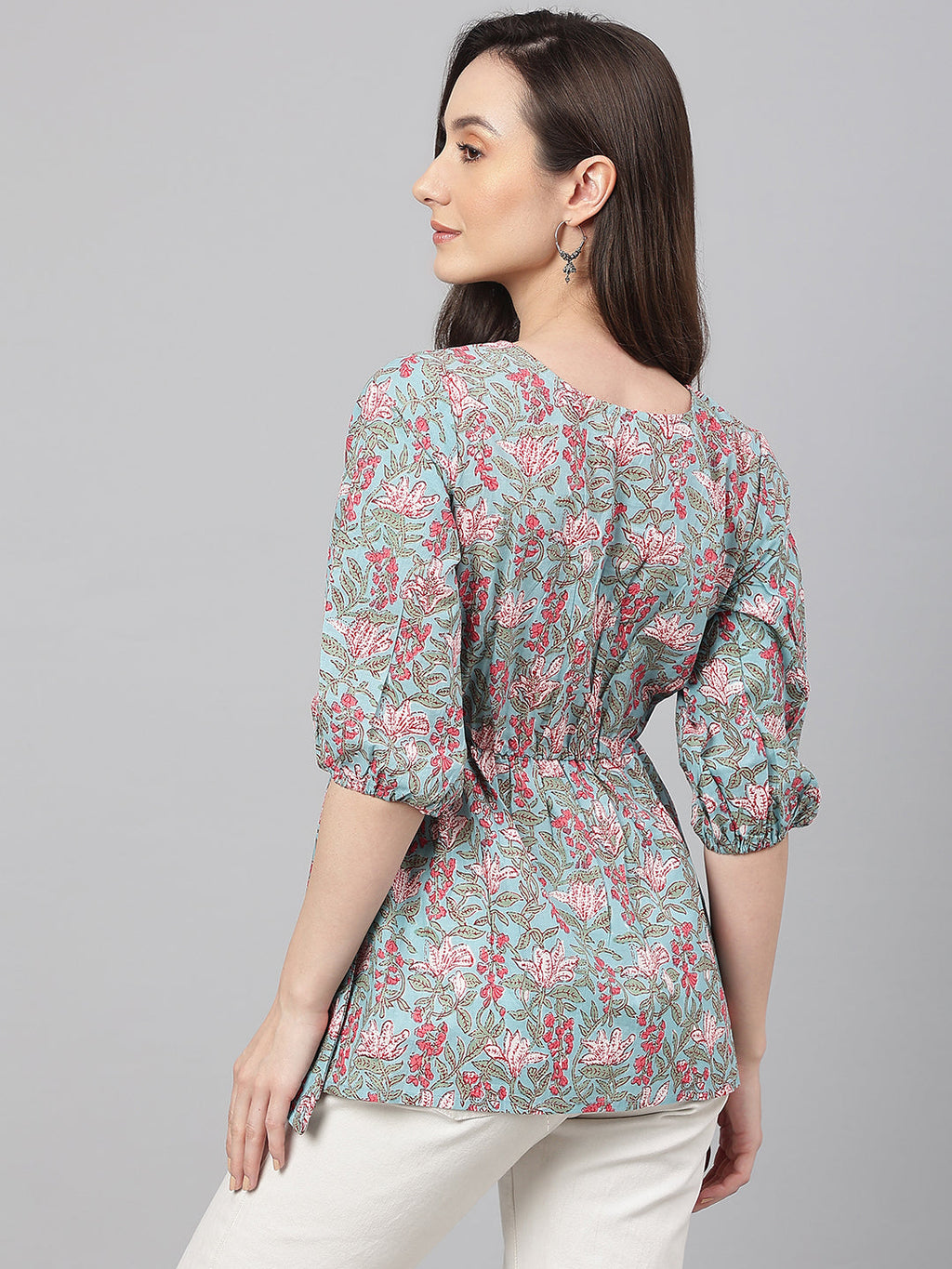 Janasya Women's Aqua Blue Cotton Floral Print Peplum Top | Grocsy