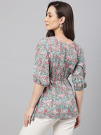 Janasya Women's Aqua Blue Cotton Floral Print Peplum Top | Grocsy