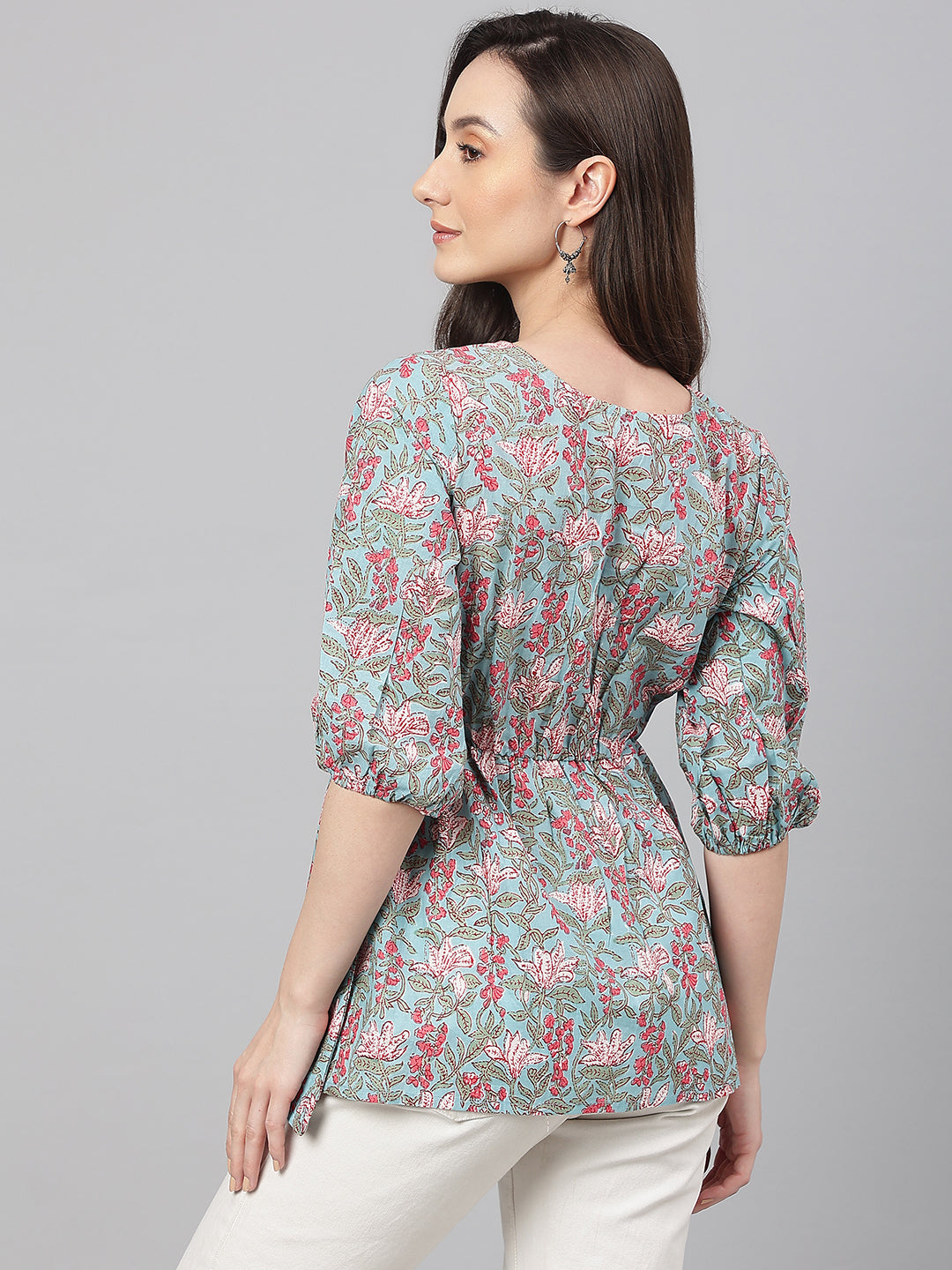 Janasya Women's Aqua Blue Cotton Floral Print Peplum Top | Grocsy