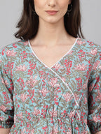 Janasya Women's Aqua Blue Cotton Floral Print Peplum Top | Grocsy