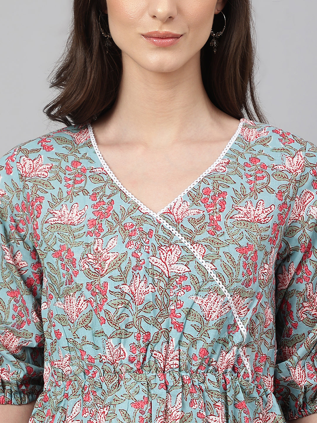 Janasya Women's Aqua Blue Cotton Floral Print Peplum Top | Grocsy