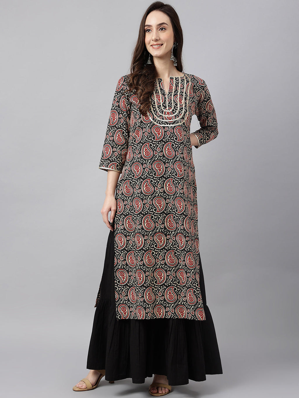 Janasya Women's Black Cotton Paisley Printed Casual Straight Kurta | Grocsy