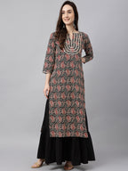 Janasya Women's Black Cotton Paisley Printed Casual Straight Kurta | Grocsy