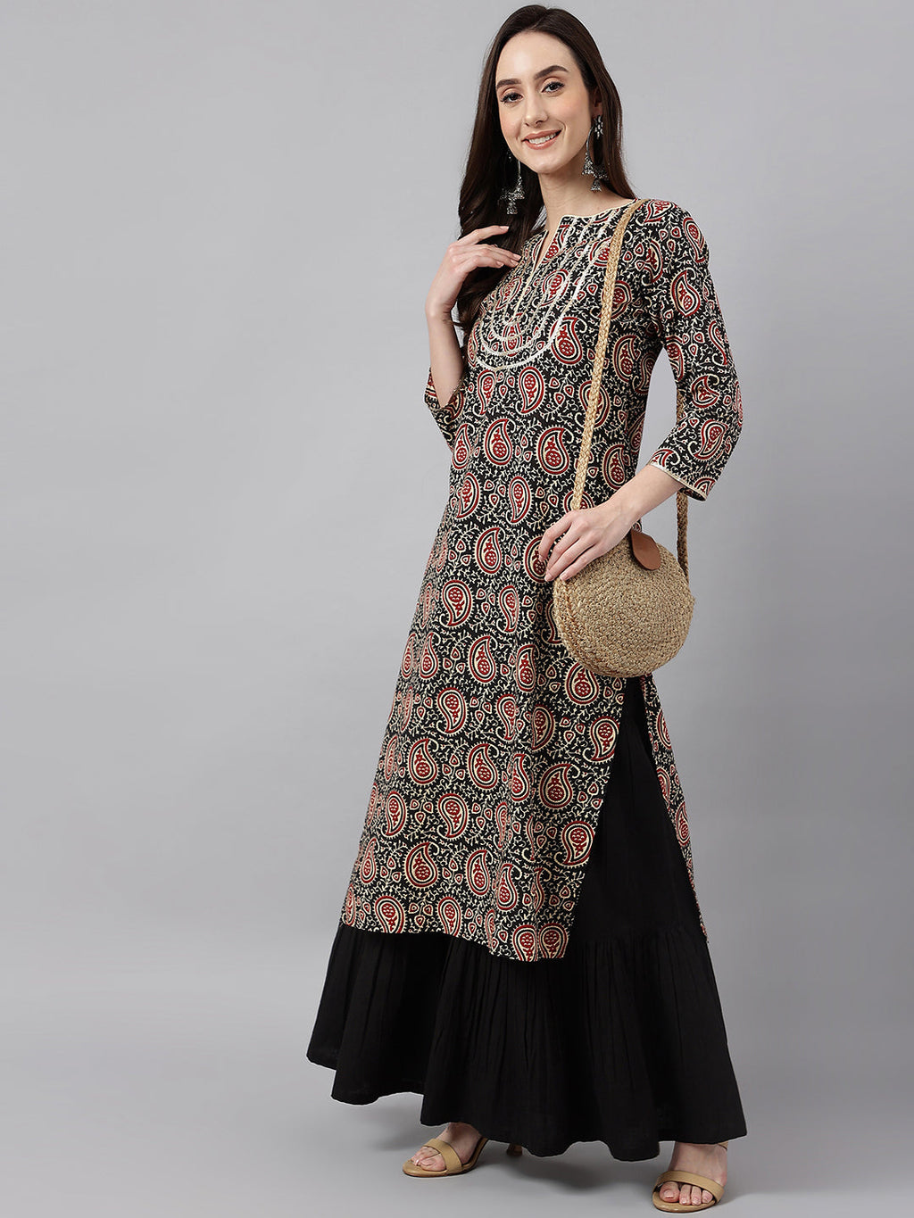 Janasya Women's Black Cotton Paisley Printed Casual Straight Kurta | Grocsy