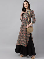 Janasya Women's Black Cotton Paisley Printed Casual Straight Kurta | Grocsy