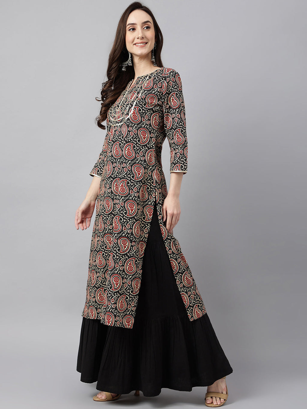Janasya Women's Black Cotton Paisley Printed Casual Straight Kurta | Grocsy