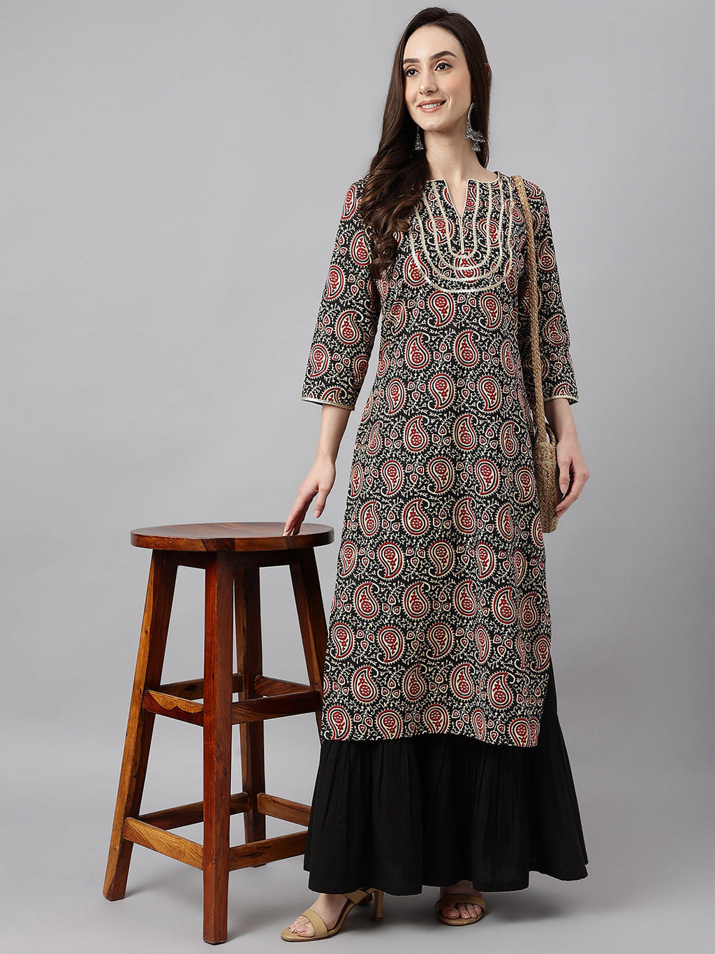 Janasya Women's Black Cotton Paisley Printed Casual Straight Kurta | Grocsy