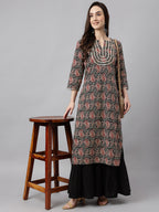 Janasya Women's Black Cotton Paisley Printed Casual Straight Kurta | Grocsy