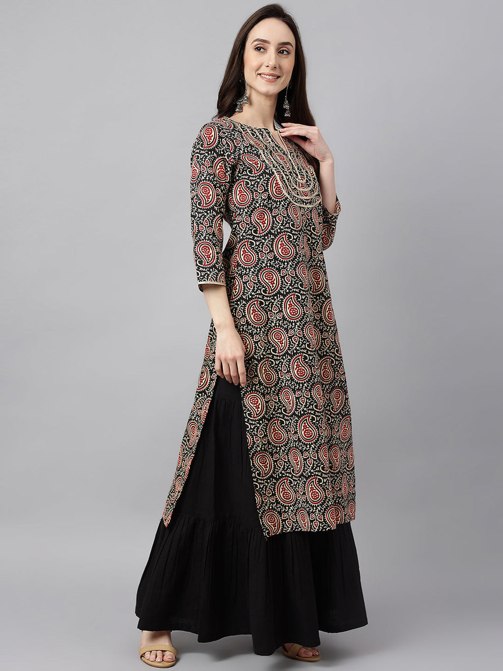 Janasya Women's Black Cotton Paisley Printed Casual Straight Kurta | Grocsy