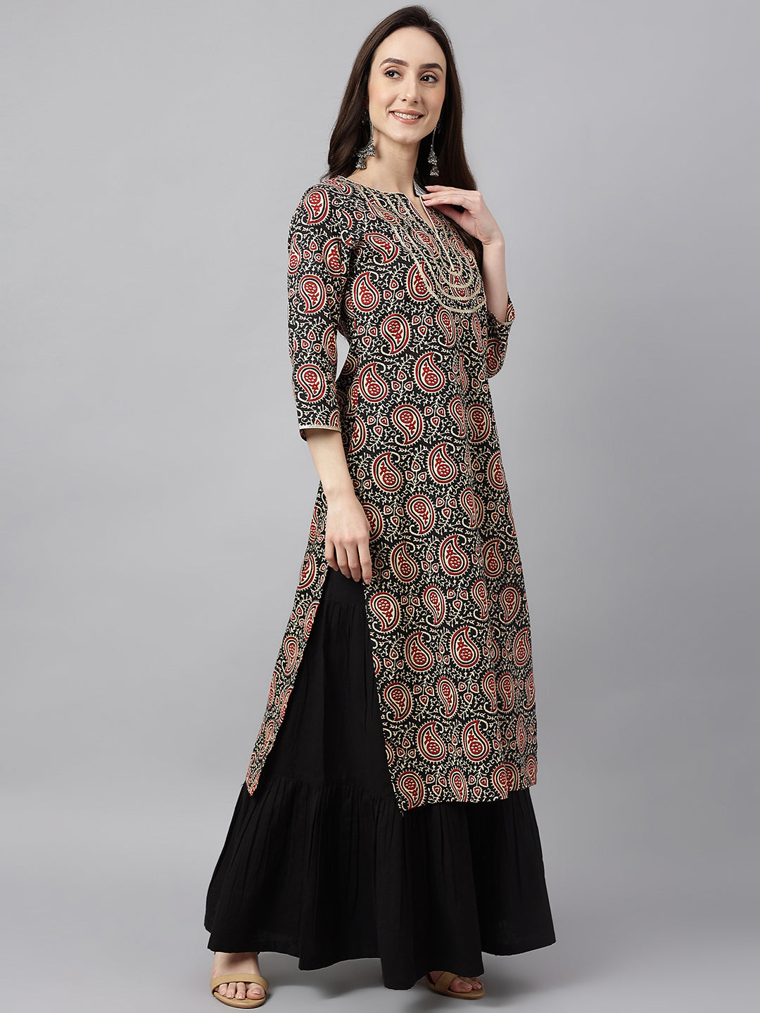 Janasya Women's Black Cotton Paisley Printed Casual Straight Kurta | Grocsy