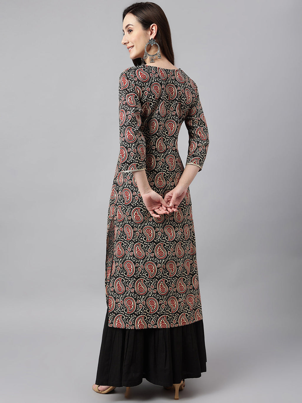 Janasya Women's Black Cotton Paisley Printed Casual Straight Kurta | Grocsy