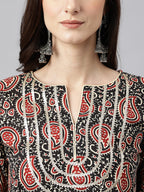 Janasya Women's Black Cotton Paisley Printed Casual Straight Kurta | Grocsy